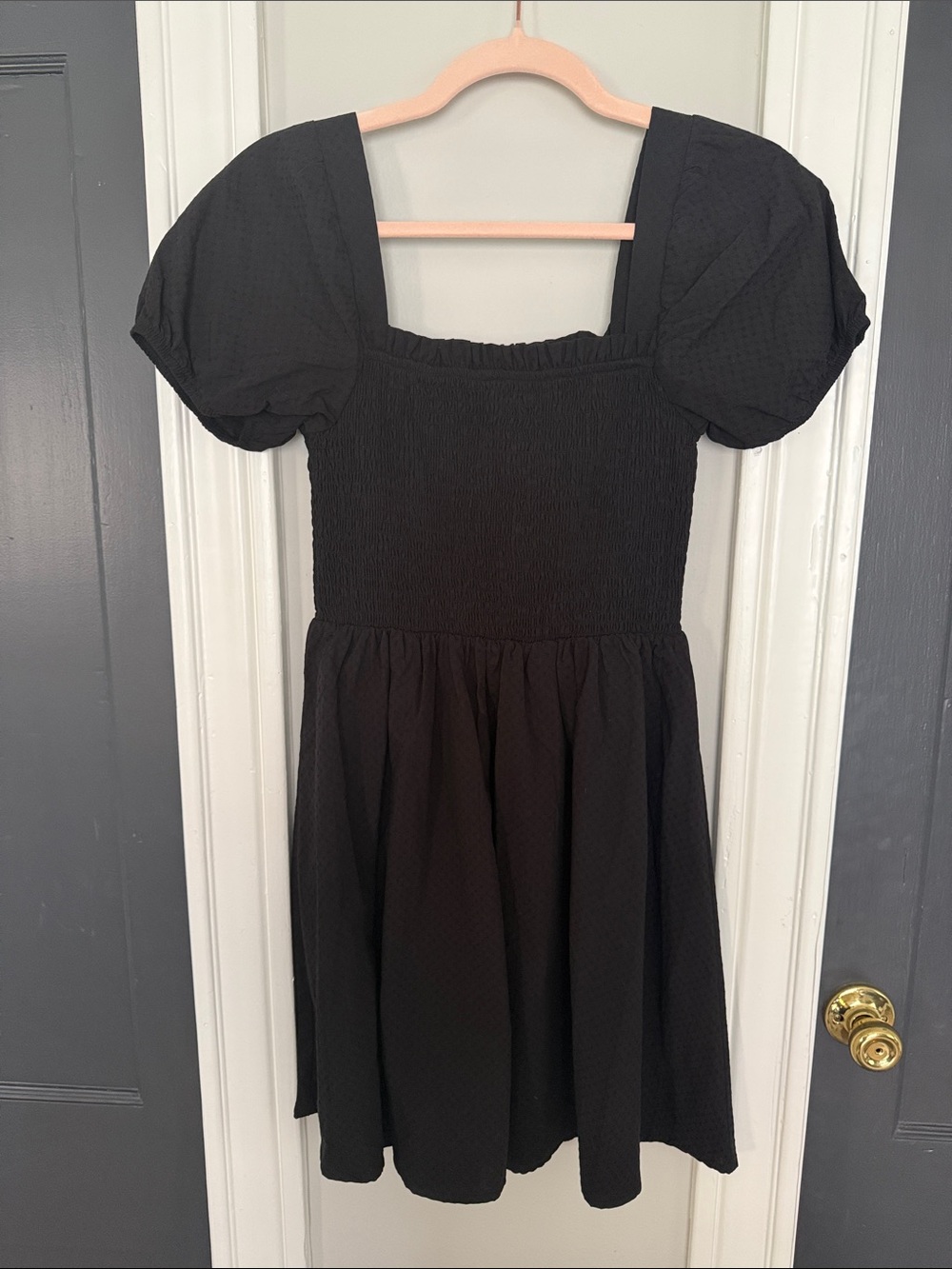 Copper Key Black Smocked Square-Neck Puff Sleeve Dress
